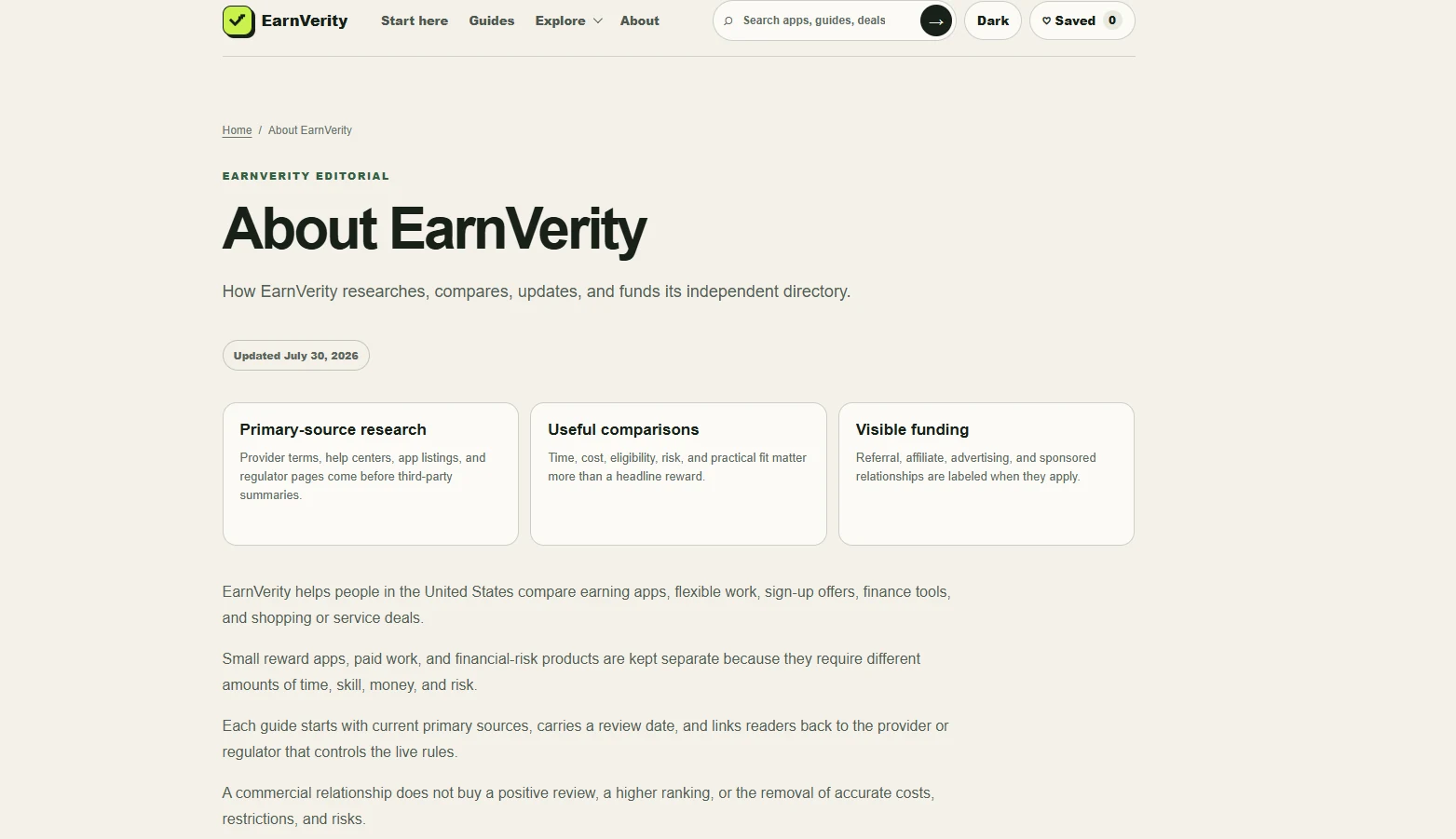 EarnVerity about page explaining research standards, comparisons, and visible funding