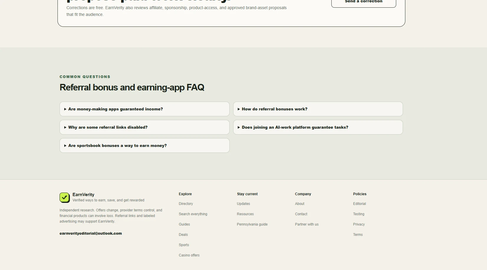 EarnVerity FAQ section with collapsible questions and a structured footer navigation