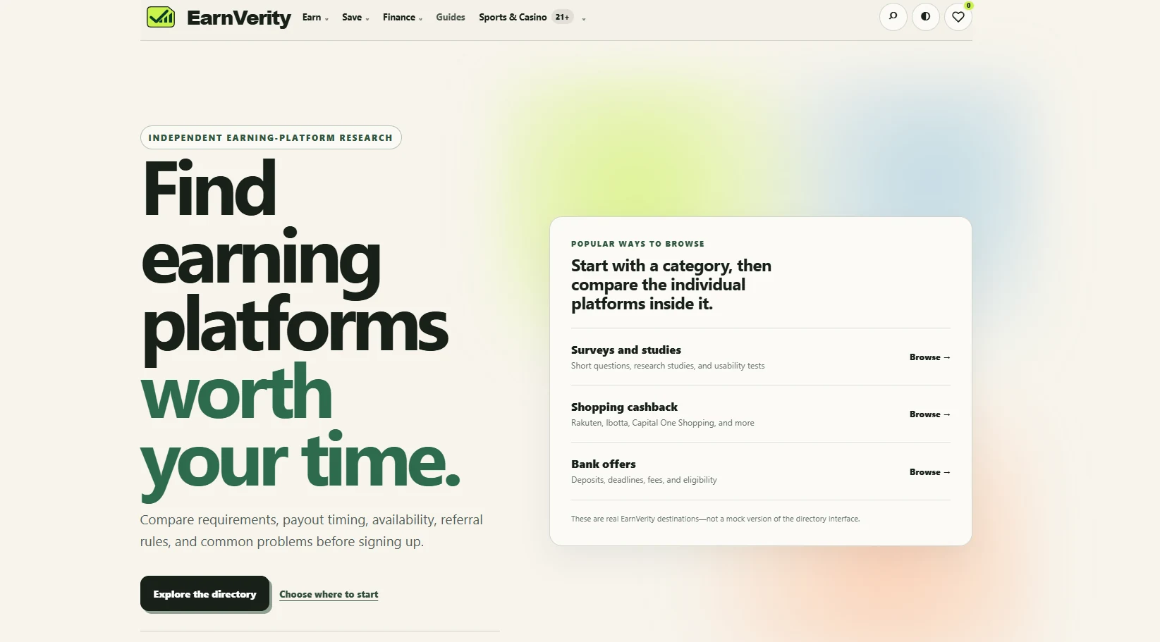 EarnVerity homepage interface
