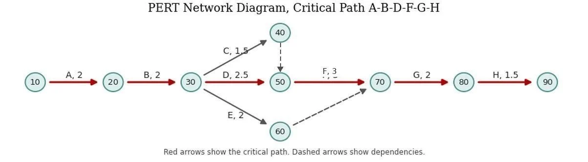 PERT network diagram showing critical path A-B-D-F-G-H