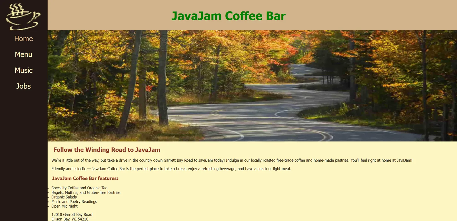 JavaJam Coffee Bar home page from the college web-development assignment
