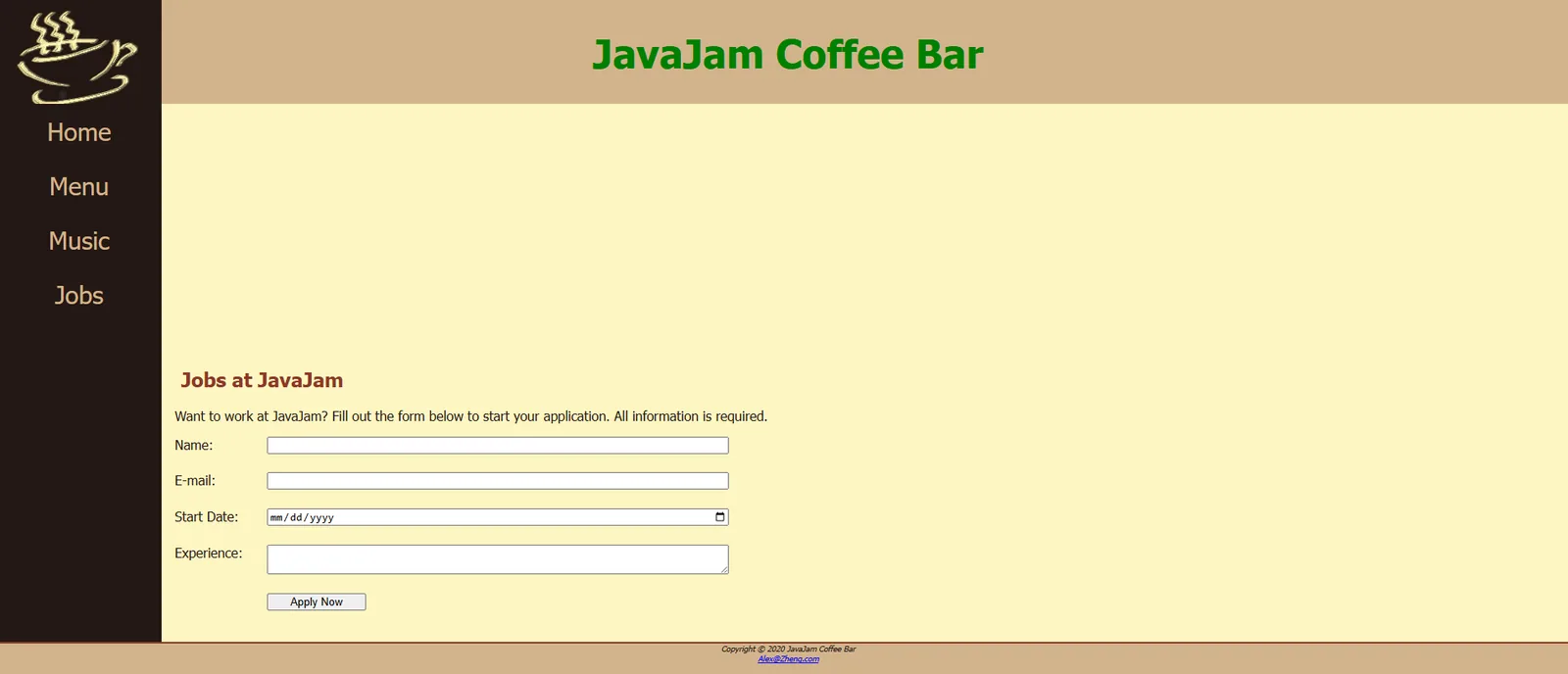 JavaJam Coffee Bar jobs page with application form