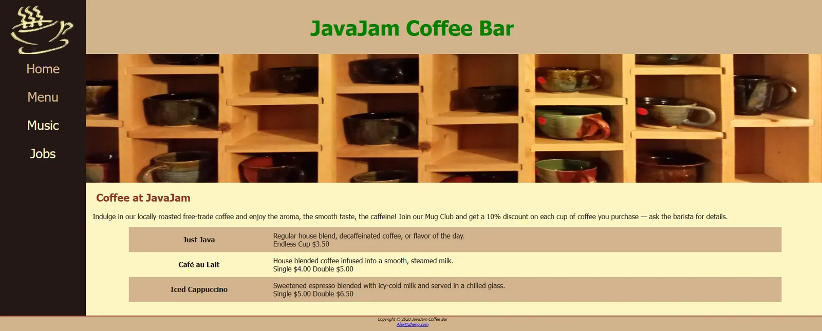 JavaJam Coffee Bar menu page with coffee pricing table