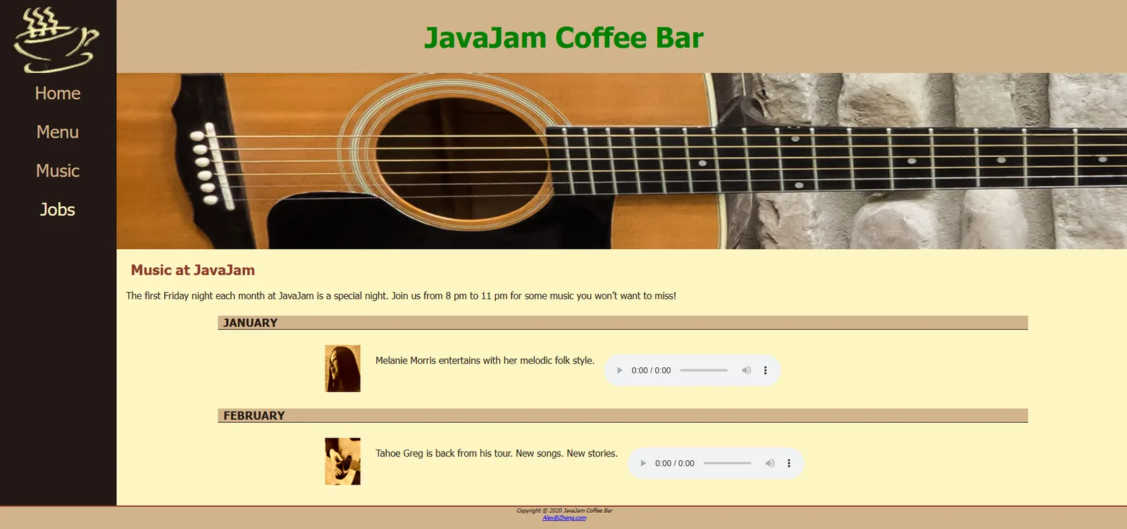 JavaJam Coffee Bar music page with performer audio controls