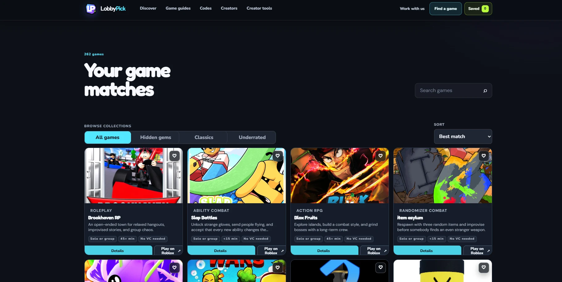LobbyPick game matches page with search, collections, sorting, and detailed Roblox game cards