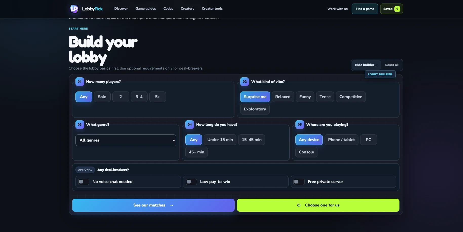 LobbyPick lobby builder with group size, vibe, genre, time, device, and deal-breaker filters