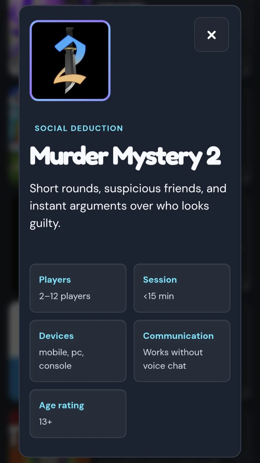 LobbyPick mobile game details panel for Murder Mystery 2 with player, session, device, communication, and age information