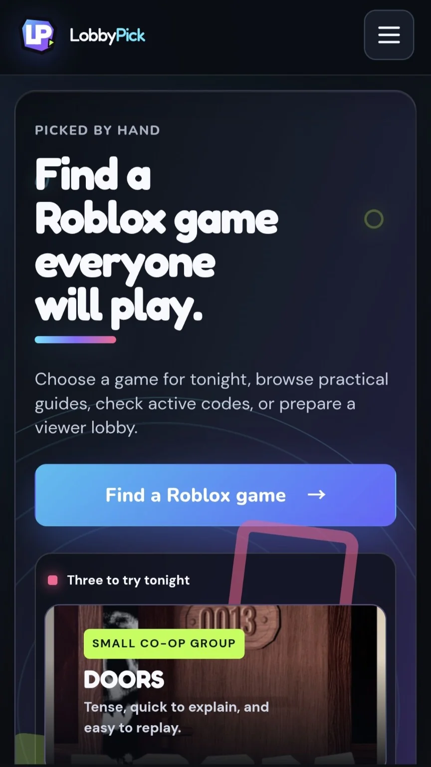LobbyPick mobile homepage with the main game-finder action and featured recommendation