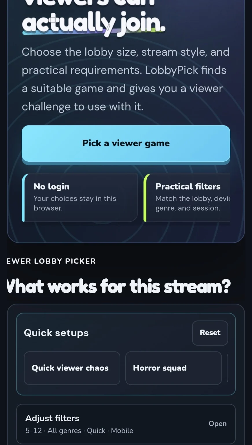 LobbyPick mobile viewer lobby picker with quick setups and adjustable filters
