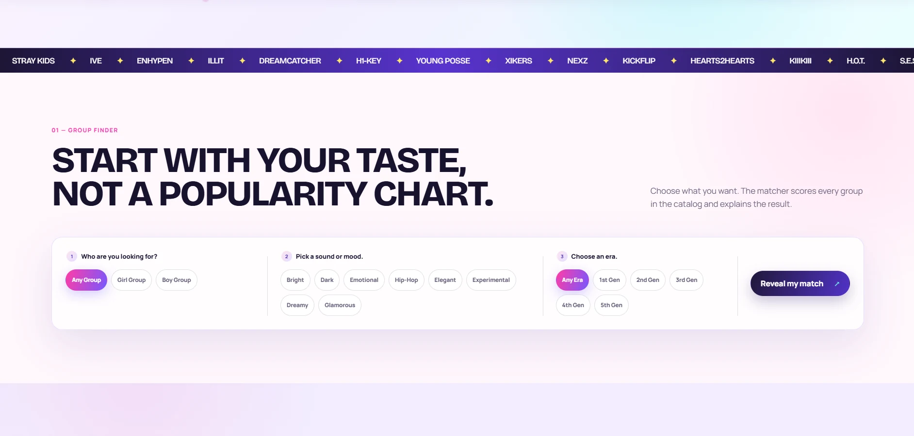 Current NextBias group finder with controls for group type, sound or mood, and K-pop era