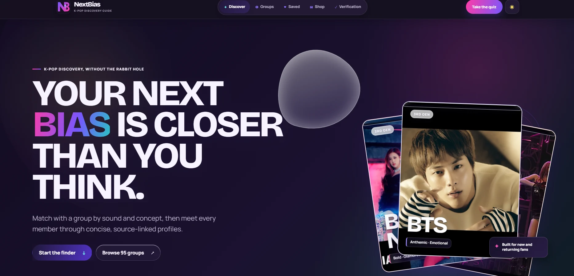 Current NextBias dark homepage introducing the K-pop discovery guide