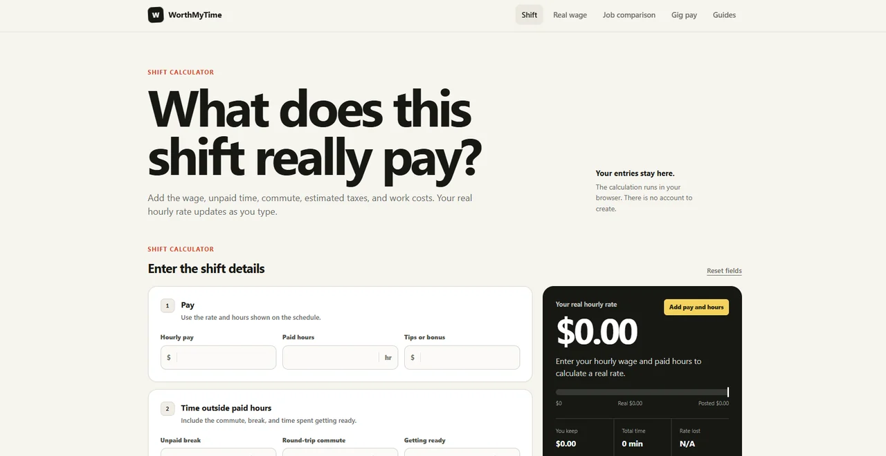 WorthMyTime shift calculator and job value interface
